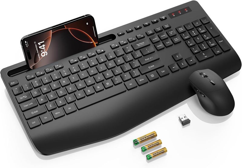SABLUTE Wireless Keyboard and Mouse Combo - Full Size Ergonomic Wrist Rest, Silent Typing, Phone Holder, 2.4 GHz, 3 Level DPI, Batteries Powered, Compatible with PC, Laptop, Windows, macOS - Image 1